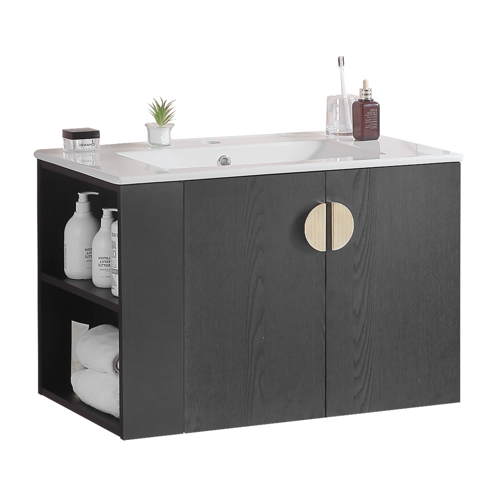 30" Bathroom Vanity With Sink,With Two Doors Cabinet Bathroom Vanity Set With Side Left Open Storage Shelf,Solid Wood,Excluding Faucets,Black Black Solid Wood