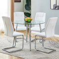 Table And Chair Set. 1 Table 4 Chairs Set A Circular Dining Table With A 40 Inch Diameter Glass Tabletop And Electroplated Metal Legs. 4 White Pu Chairs Dt 1164 001 Transparent Glass