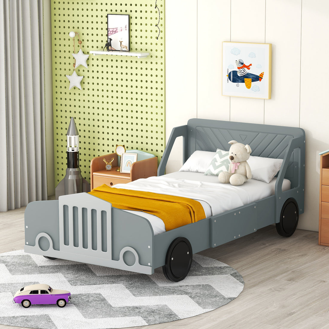 Twin Size Car Shaped Platform Bed With Wheels,Gray Gray Plywood