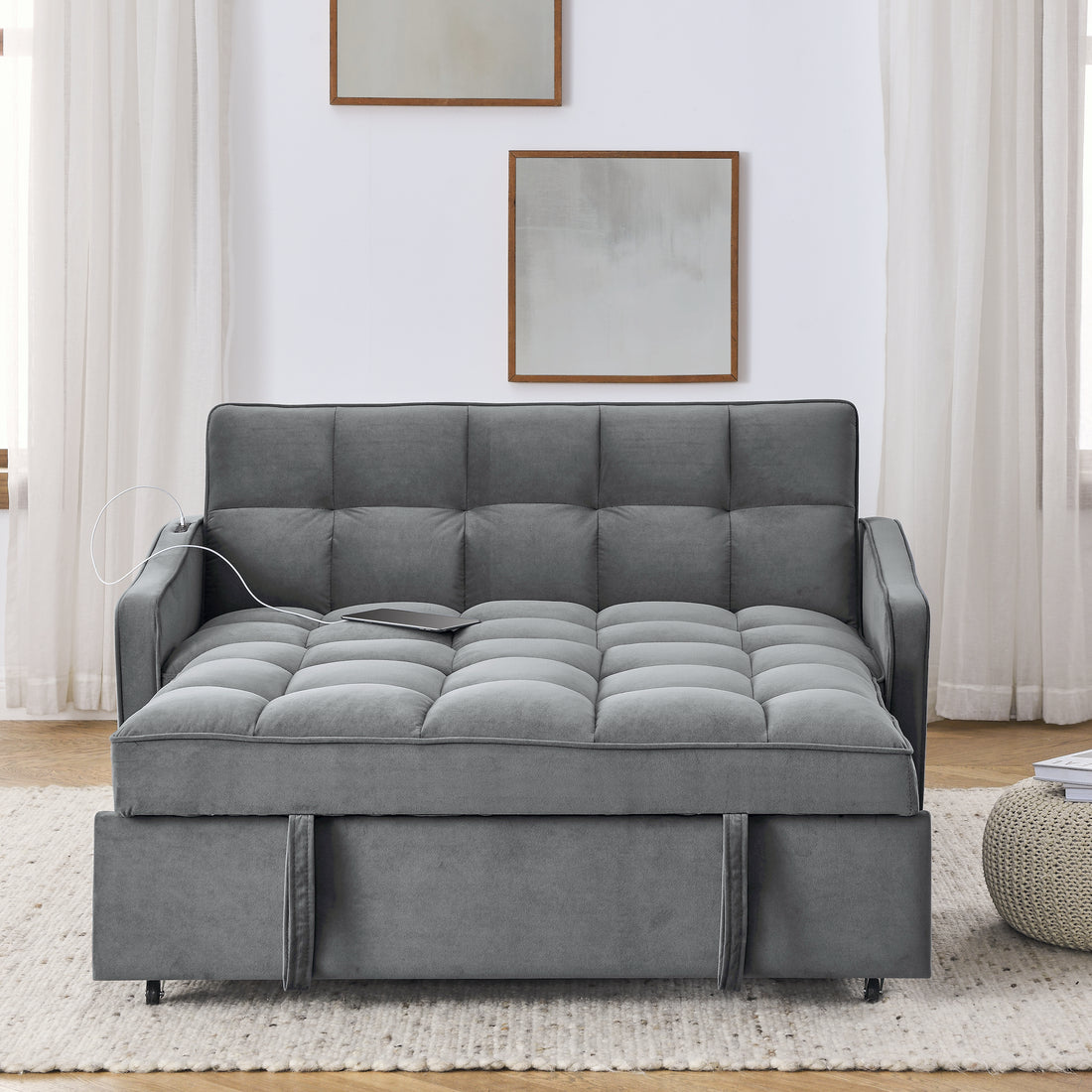 Loveseats Sofa Bed With Pull Out Bed,Adjsutable Back And Two Arm Pocket,Typec And Usb Charging With Copper Nail,Grey 47"X53"X31" Grey Velvet Classic,Contemporary,Glam,Luxury,Mid Century Modern Foam