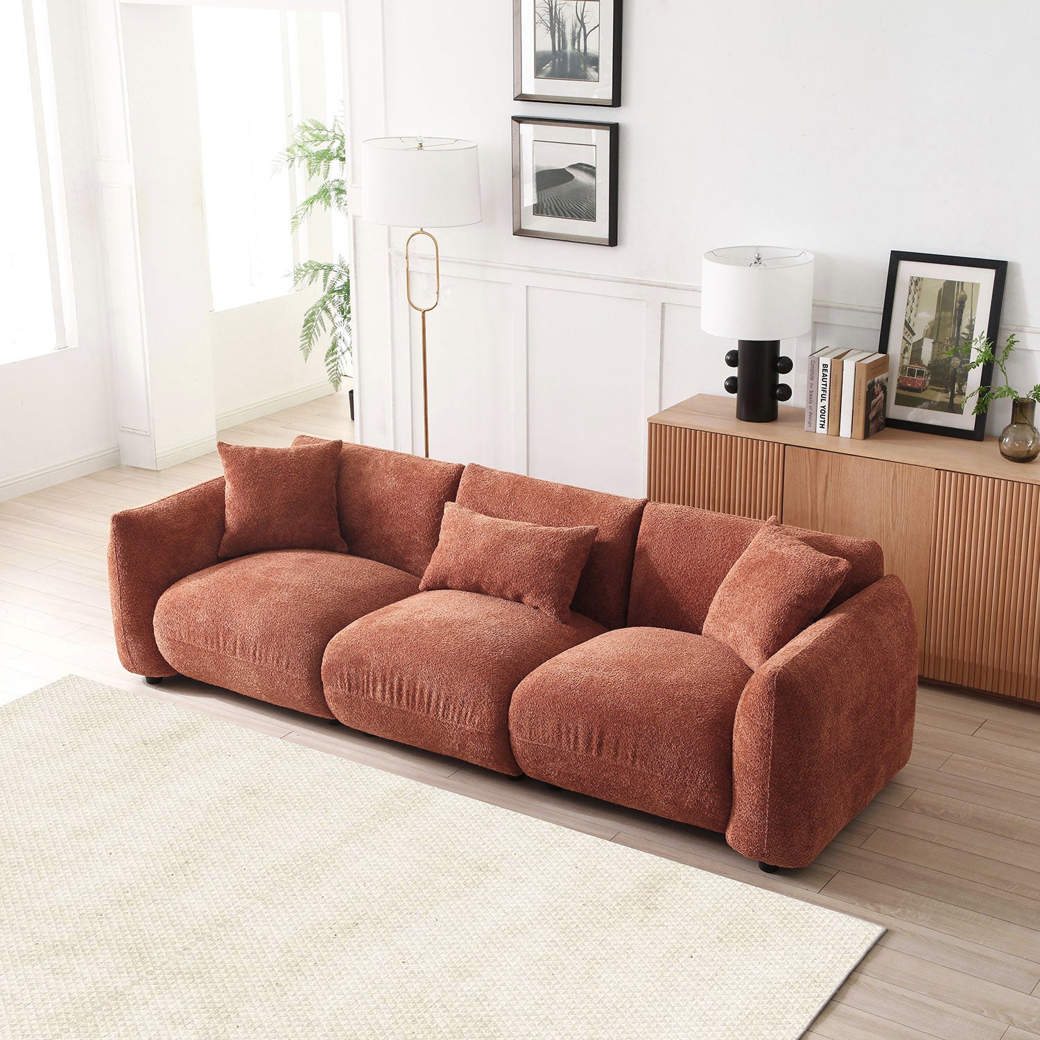 Mid Century Modern Couch 3 Seater Sofa For Livingroom, Orange Orange Boucle 3 Seat
