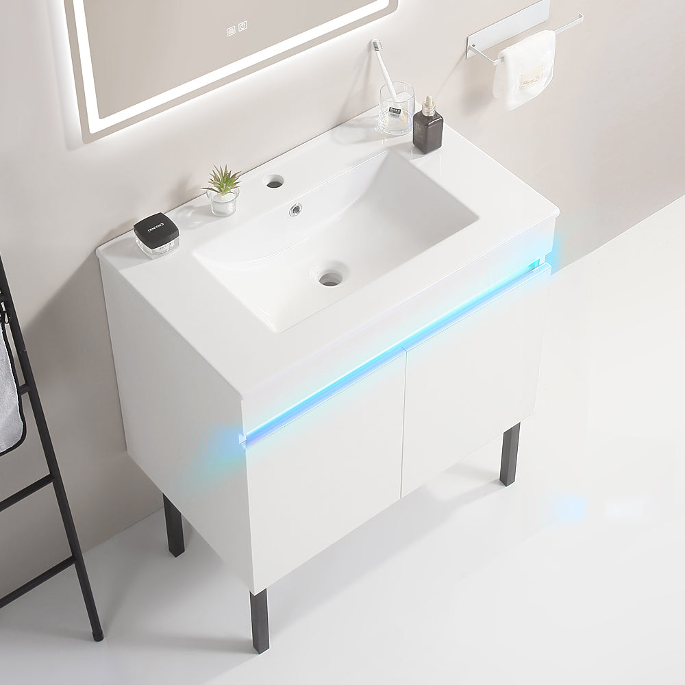 30" Bathroom Vanity With Sink, Radar Sensing Light, Large Storage Space And Metal Legs, Wall Mounted Standing Bathroom Vanity Sink, White White Solid Wood