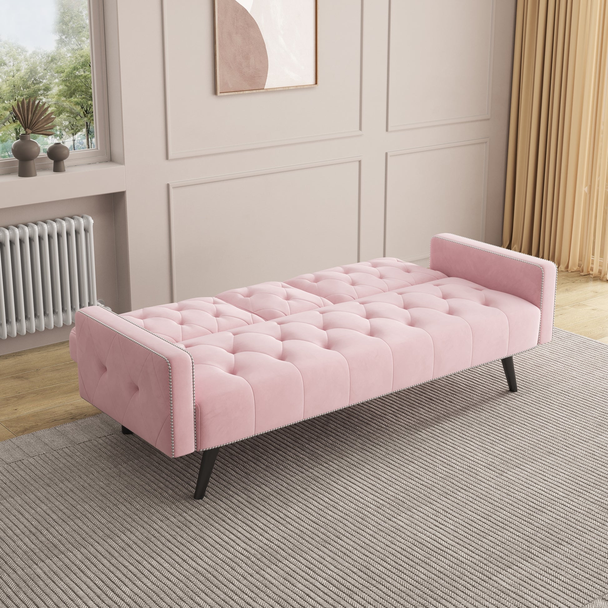 1730 Sofa Bed Armrest With Nail Head Trim With Two Cup Holders 72" Pink Velvet Sofa For Small Spaces Pink Altay Velvet