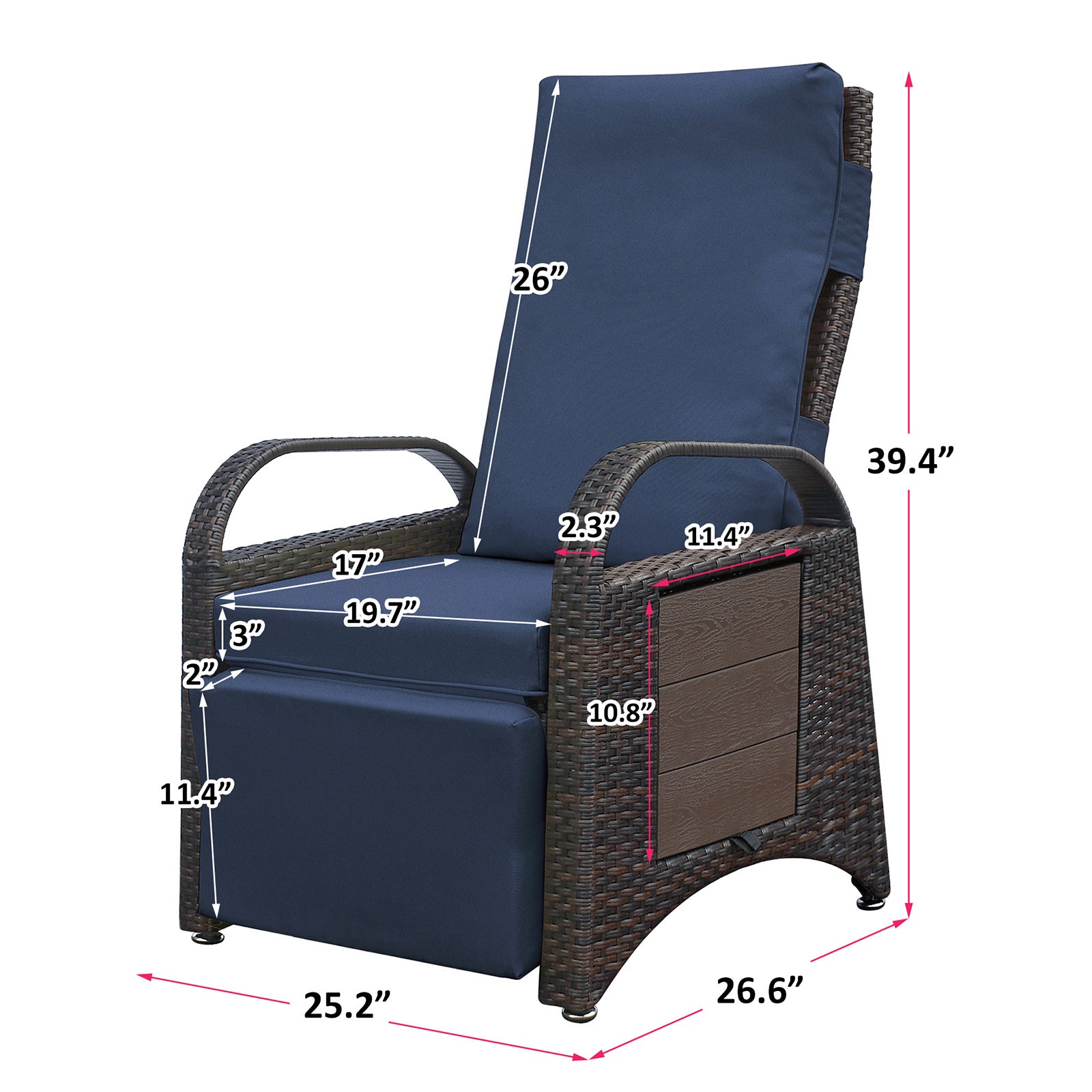 Outdoor Recliner Chair,Separate Adjustment Mechanism Pe Wicker Adjustable Reclining Lounge Chair And Removable Soft Cushion,Modern Armchair And Ergonomic For Home, Sunbathing Or Relaxation Navy Blue Navy Blue Rust Resistant Frame Water Resistant Cushion