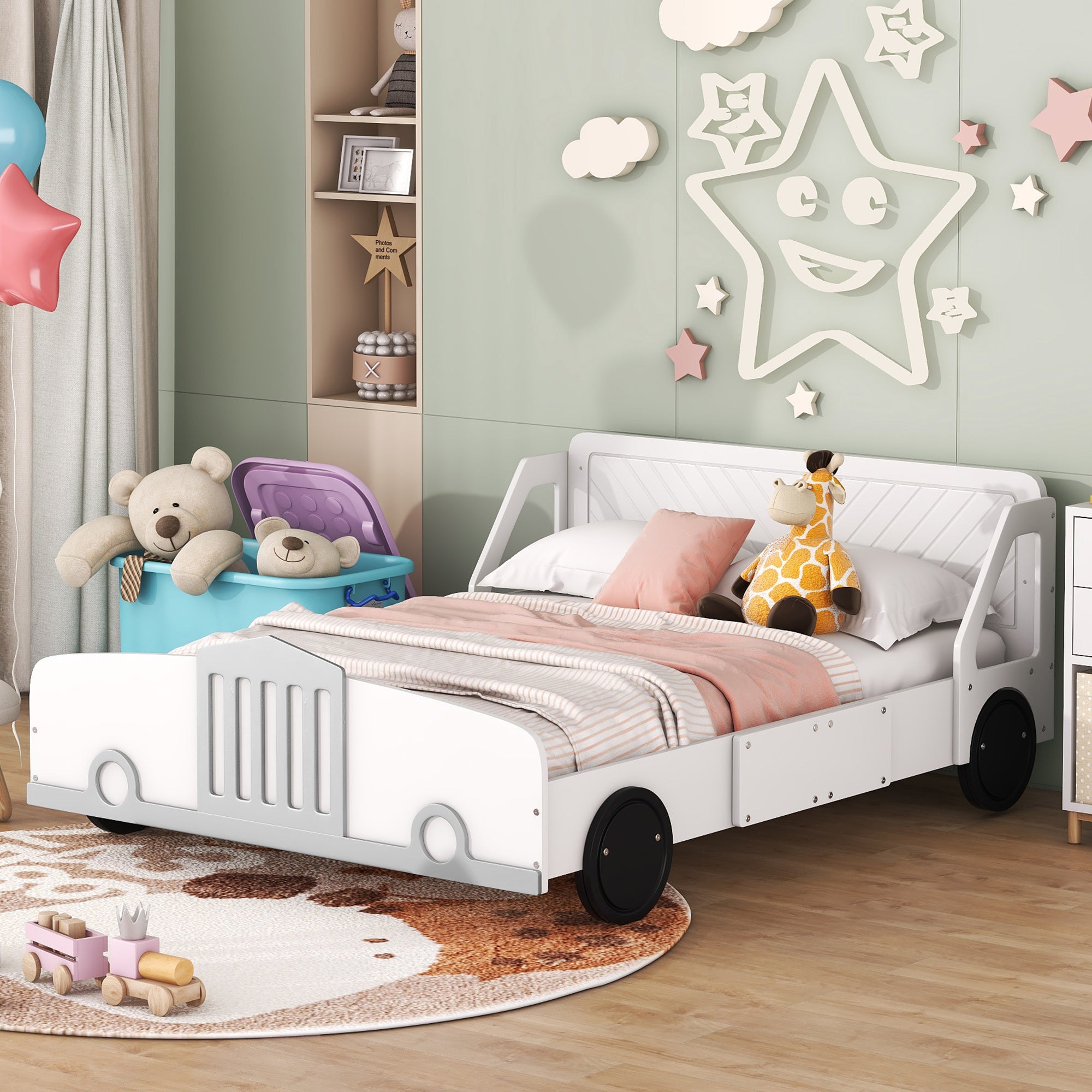 Full Size Car Shaped Platform Bed With Wheels,White White Plywood