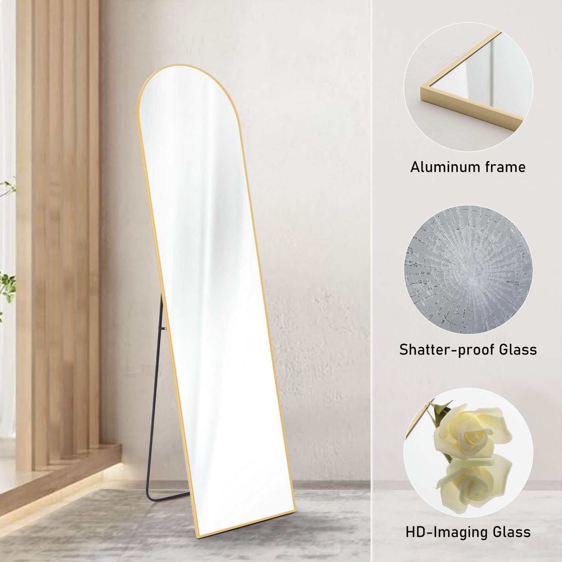 Floor Standing Mirror, Wall Mirror With Stand Aluminum Alloy Thin Frame,16''*59'',Gold Arched Gold Fiberglass