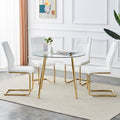 Table And Chair Set, Circular Dining Table, Glass Tabletop With A Diameter Of 40 Inches And Gold Plated Metal Legs, Paired With 4 White Pu Cushions And Gold Plated Metal Foot Dining Chairs. Dt 1164