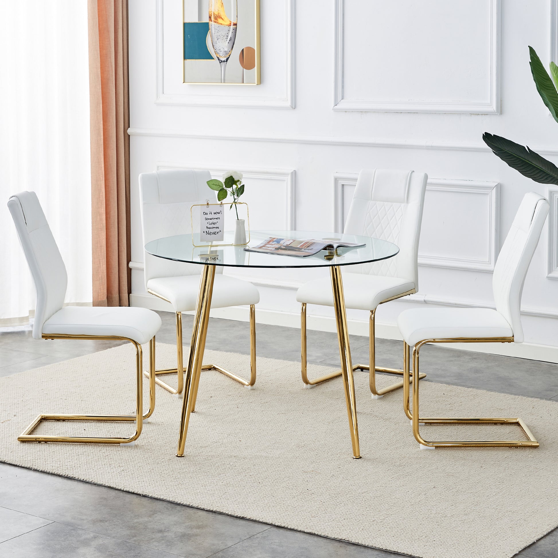 Table And Chair Set, Circular Dining Table, Glass Tabletop With A Diameter Of 40 Inches And Gold Plated Metal Legs, Paired With 4 White Pu Cushions And Gold Plated Metal Foot Dining Chairs. Dt 1164