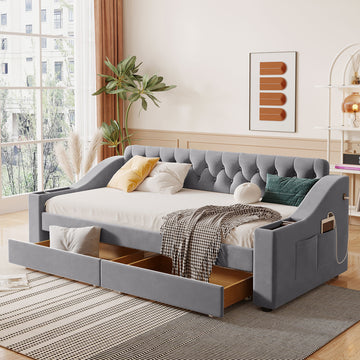 Twin Size Upholstered Daybed With Storage Armrests And Usb Port, Gray Gray Upholstered