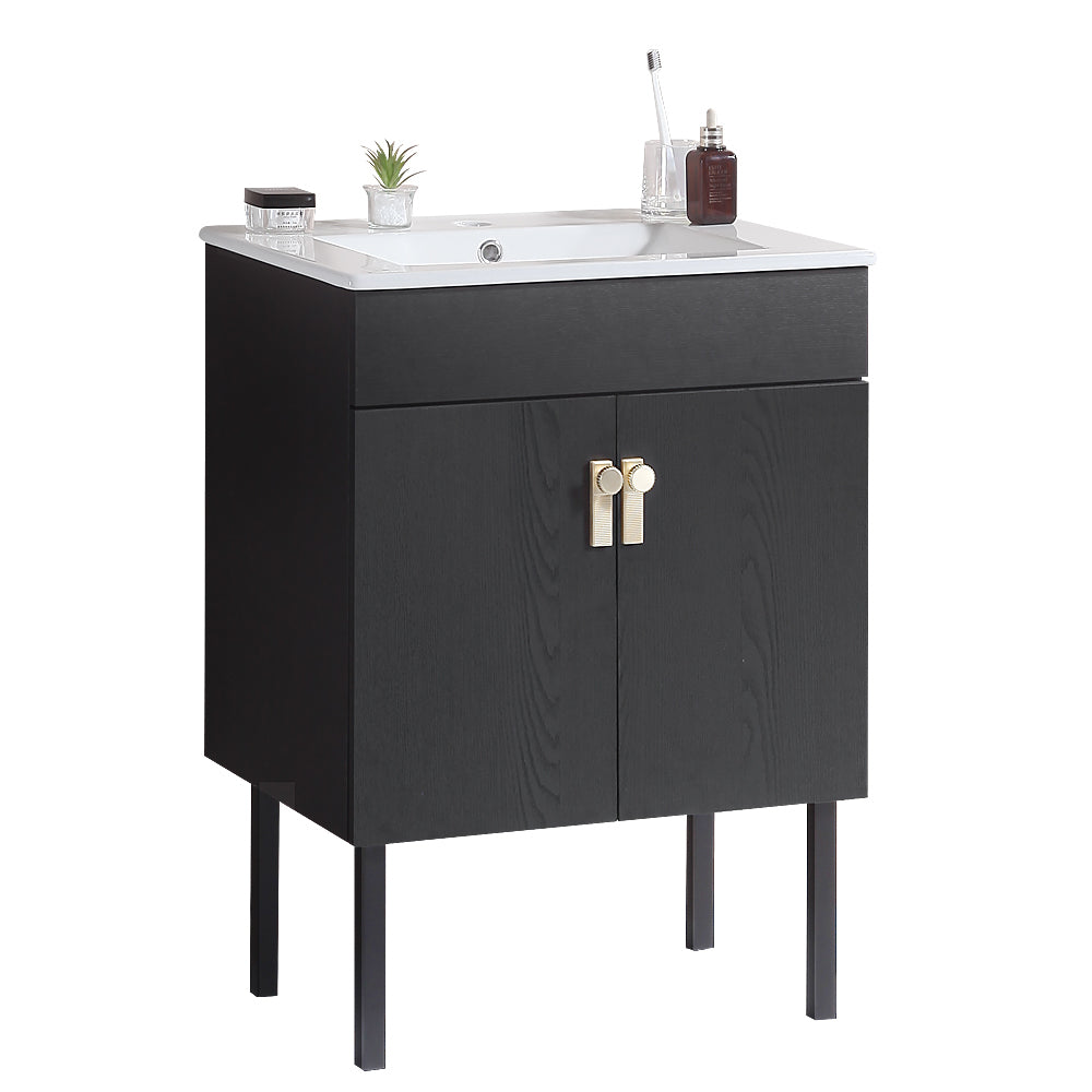 24" Bathroom Vanity With Metal Leg,With White Ceramic Basin,Two Soft Close Cabinet Doors, Solid Wood,Excluding Faucets,Black Black Solid Wood