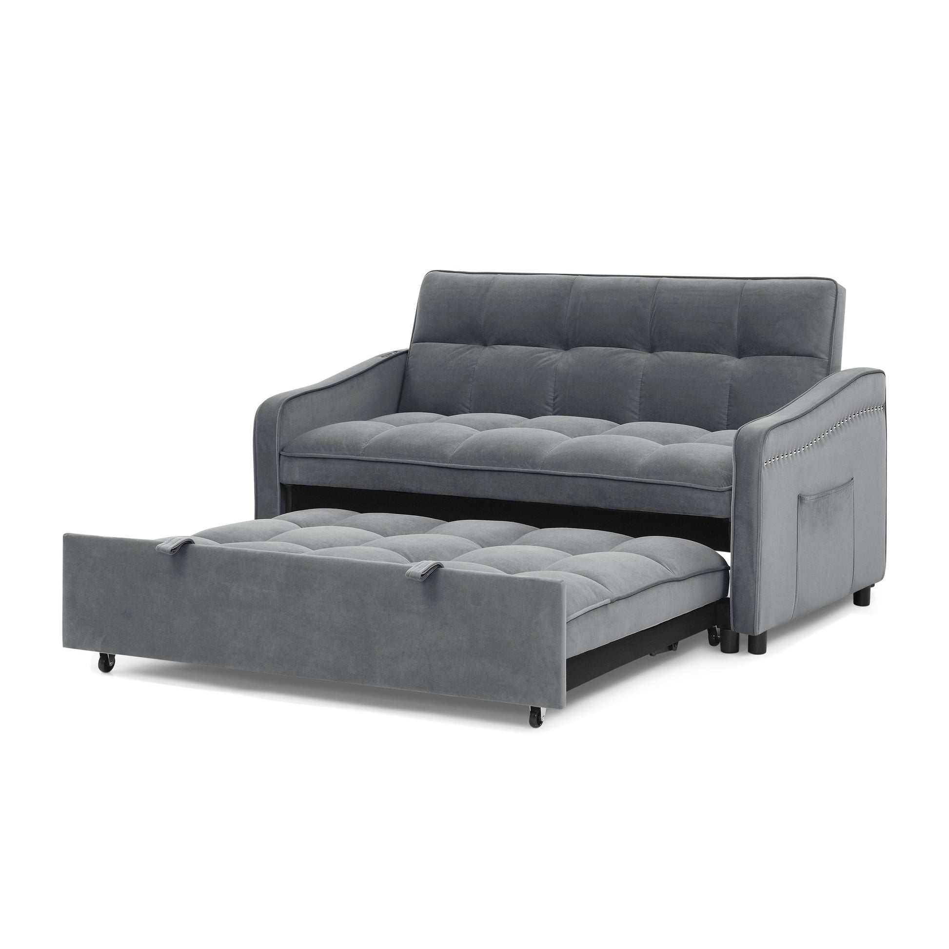 Loveseats Sofa Bed With Pull Out Bed,Adjsutable Back And Two Arm Pocket,Typec And Usb Charging With Copper Nail,Grey 47"X53"X31" Grey Velvet Classic,Contemporary,Glam,Luxury,Mid Century Modern Foam