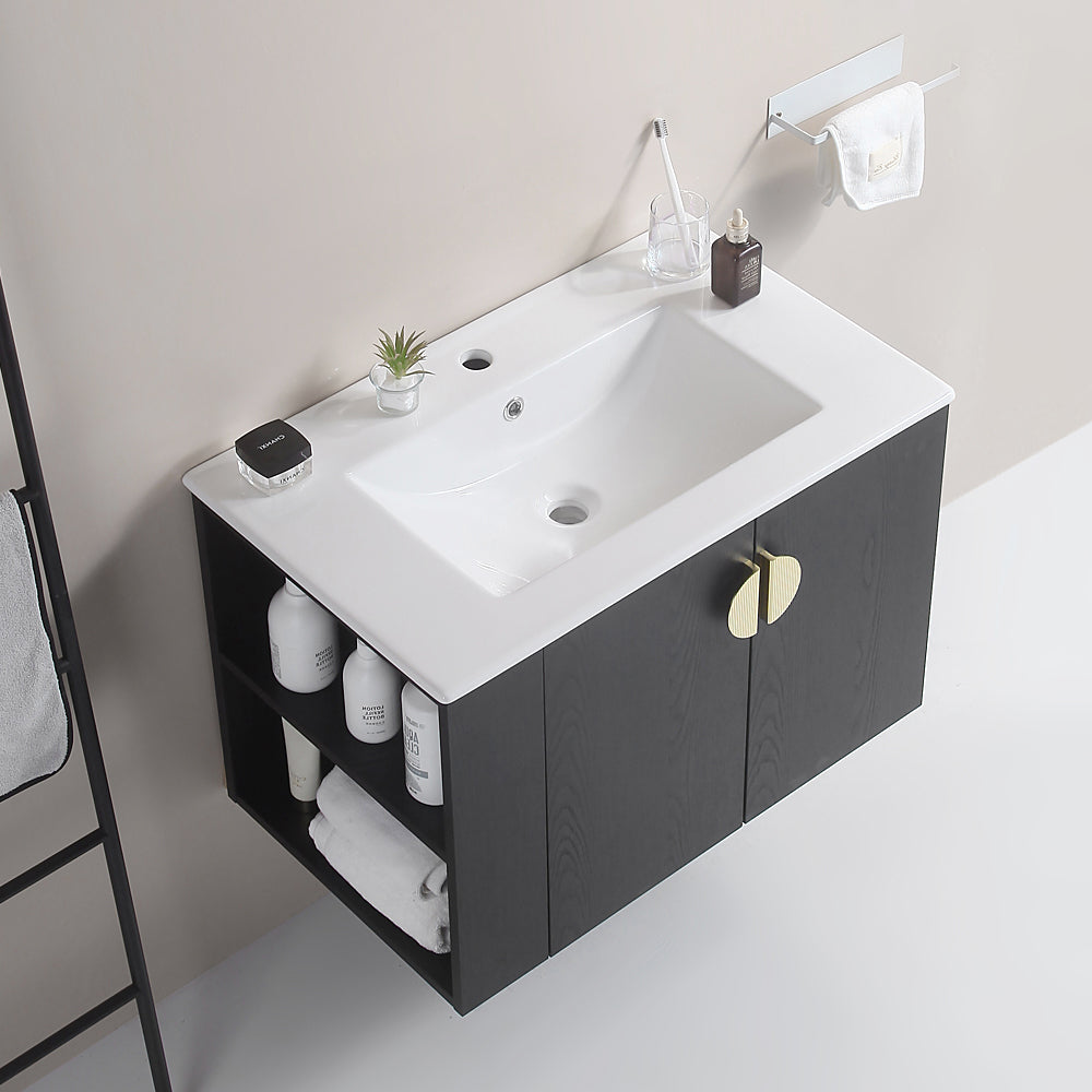 30" Bathroom Vanity With Sink,With Two Doors Cabinet Bathroom Vanity Set With Side Left Open Storage Shelf,Solid Wood,Excluding Faucets,Black Black Solid Wood