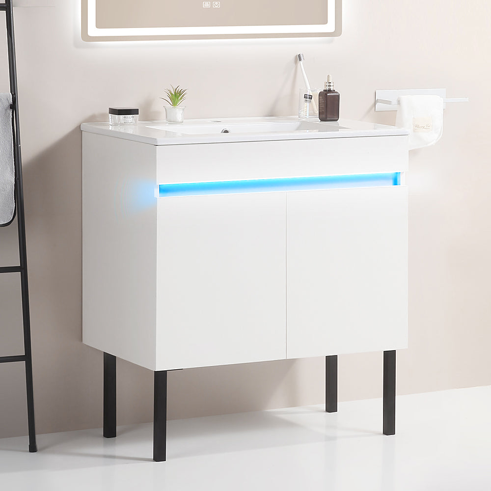 30" Bathroom Vanity With Sink, Radar Sensing Light, Large Storage Space And Metal Legs, Wall Mounted Standing Bathroom Vanity Sink, White White Solid Wood