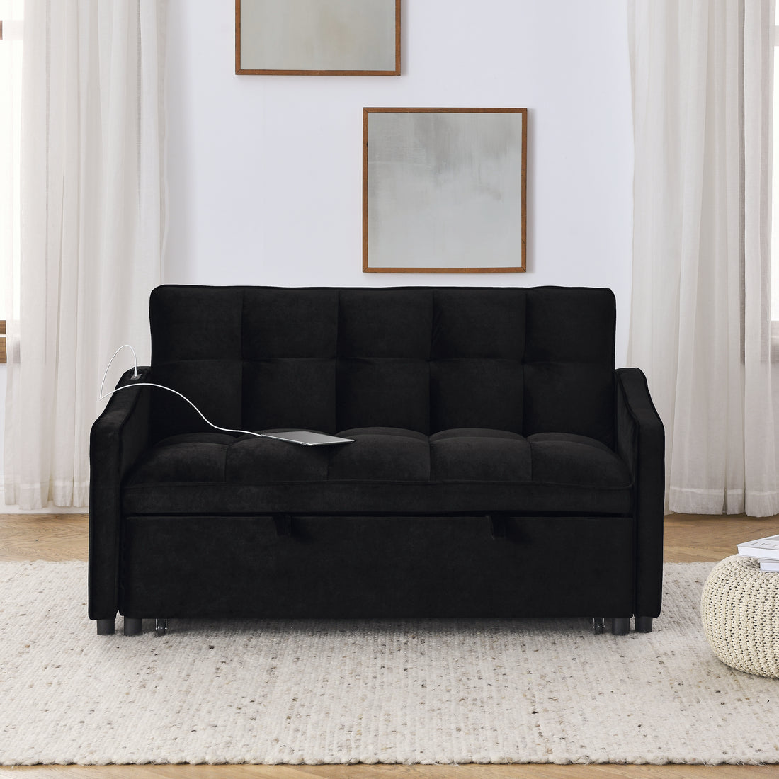 Loveseats Sofa Bed With Pull Out Bed,Adjsutable Back And Two Arm Pocket,Typec And Usb Charging With Copper Nail,Black 47"X53"X31" Black Velvet Classic,Contemporary,Luxury,Mid Century Modern,Modern Foam