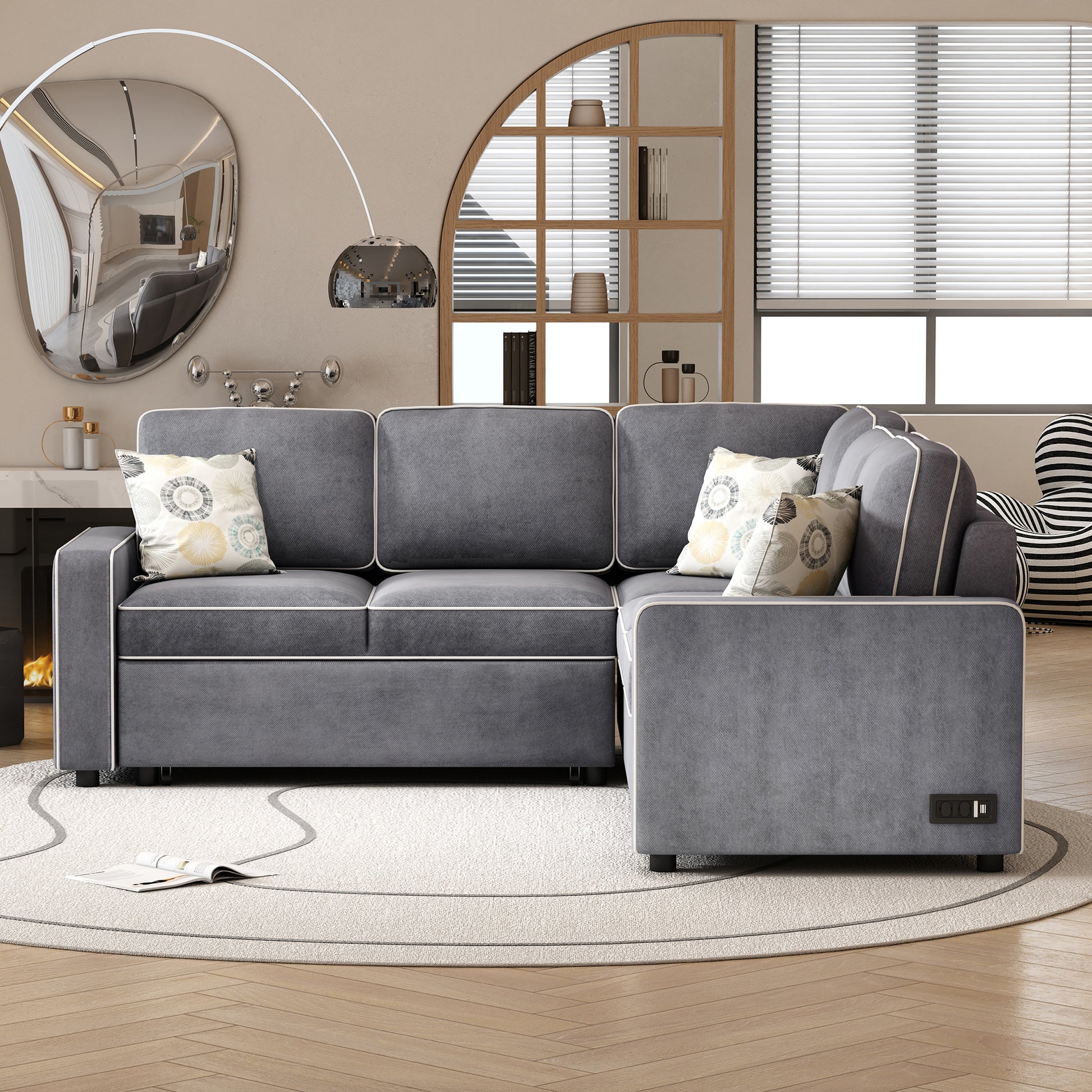 83" L Shaped Pull Out Sofa Bed Modern Convertible Sleeper Sofa With 2 Usb Ports, 2 Power Sockets And 3 Pillows For Living Room, Bedroom, Office, Gray Gray Foam Linen