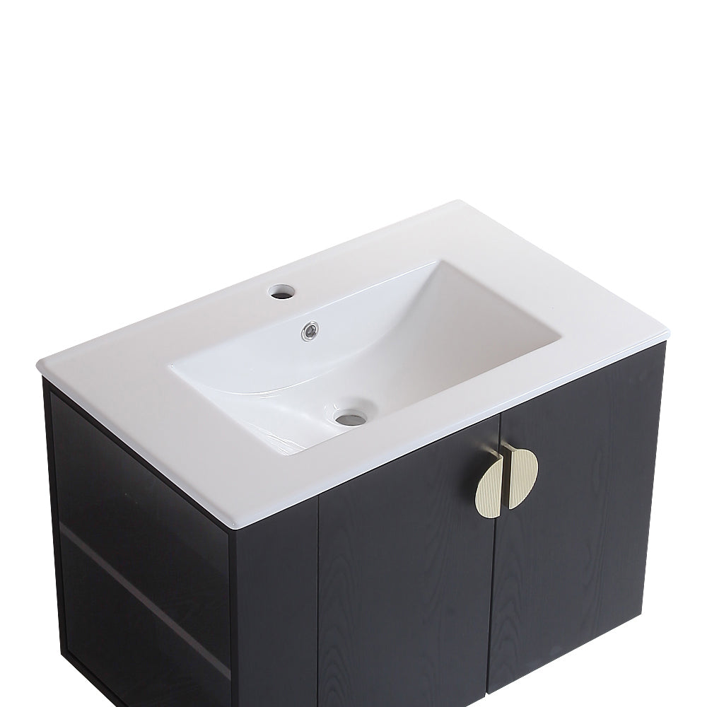 30" Bathroom Vanity With Sink,With Two Doors Cabinet Bathroom Vanity Set With Side Left Open Storage Shelf,Solid Wood,Excluding Faucets,Black Black Solid Wood