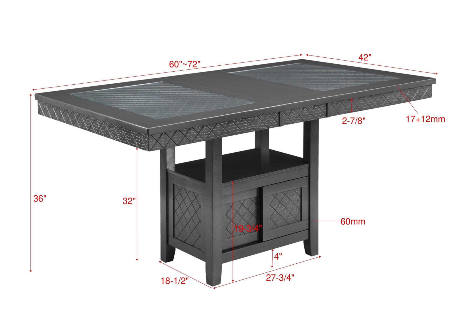 1Pc Transitional Counter Height Dining 12" Leaf Table With Storage Underneath Sliding Door Glass Wooden Dining Room Table Furniture Gunmetal & Brown Finish Gunmetal Brown Dining Room Transitional Rectangular Wood