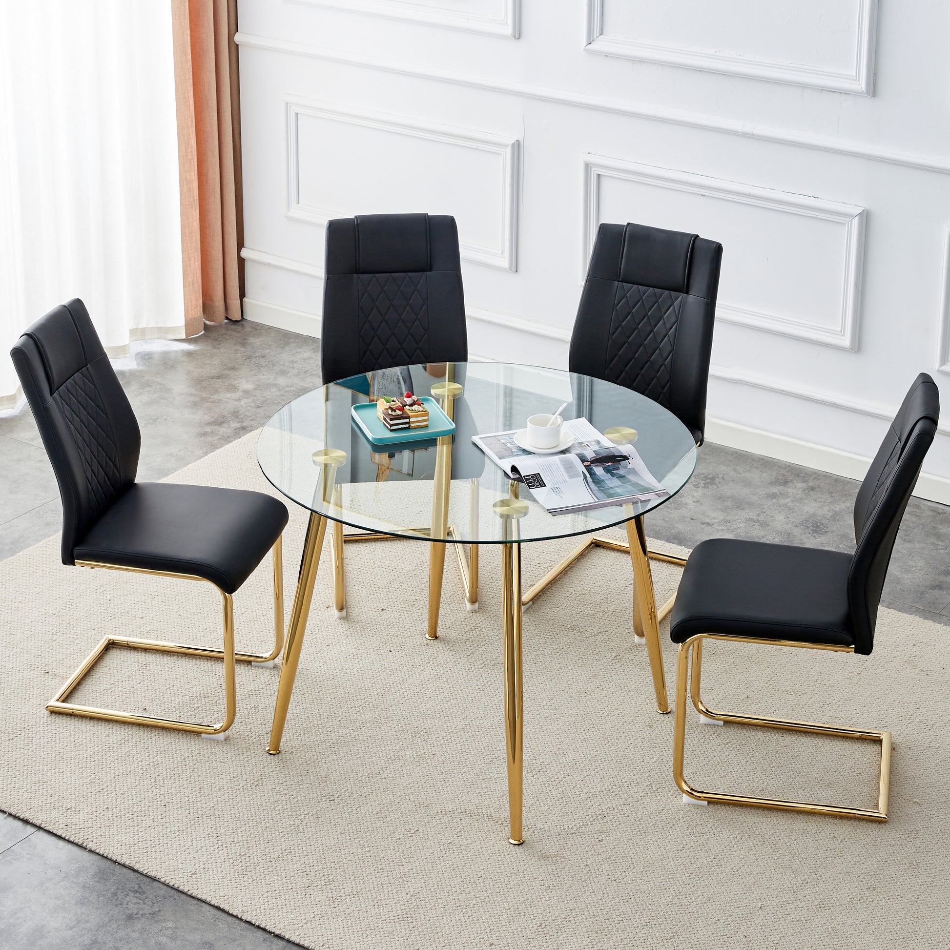 Table And Chair Set. Round Dining Table, Glass Tabletop With A Diameter Of 40 Inches, And Gold Plated Metal Legs, Paired With 4 Black Pu Cushions And A Dining Chair With Gold Plated Metal Feet. Dt1164 Golden Metal