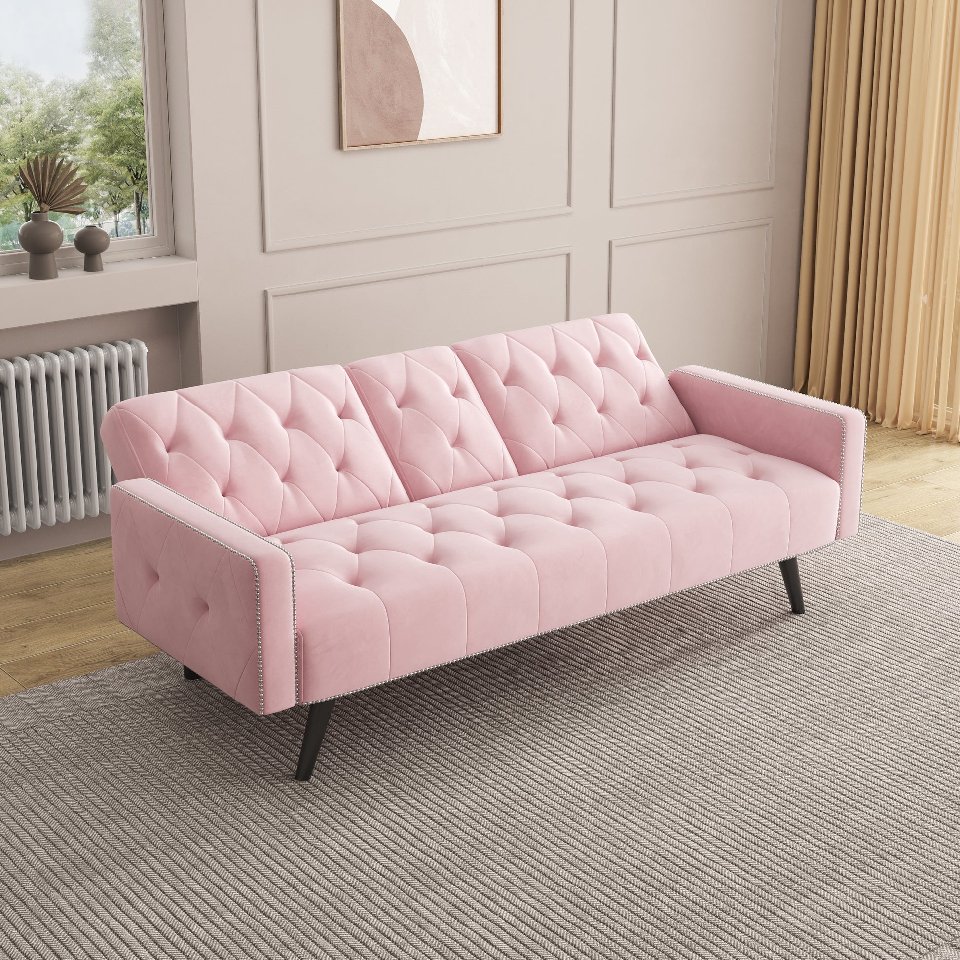1730 Sofa Bed Armrest With Nail Head Trim With Two Cup Holders 72" Pink Velvet Sofa For Small Spaces Pink Altay Velvet