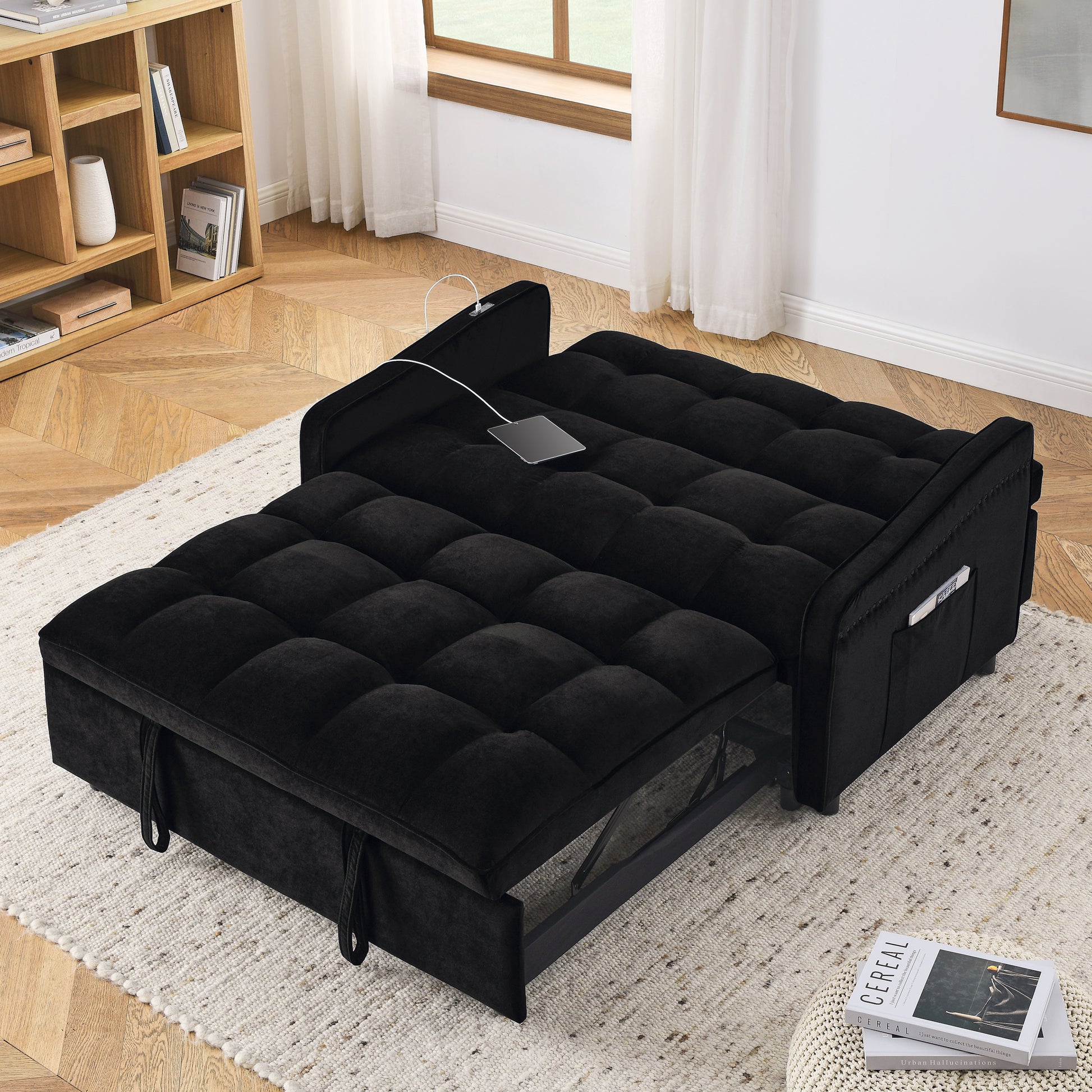 Loveseats Sofa Bed With Pull Out Bed,Adjsutable Back And Two Arm Pocket,Typec And Usb Charging With Copper Nail,Black 47"X53"X31" Black Velvet Classic,Contemporary,Luxury,Mid Century Modern,Modern Foam