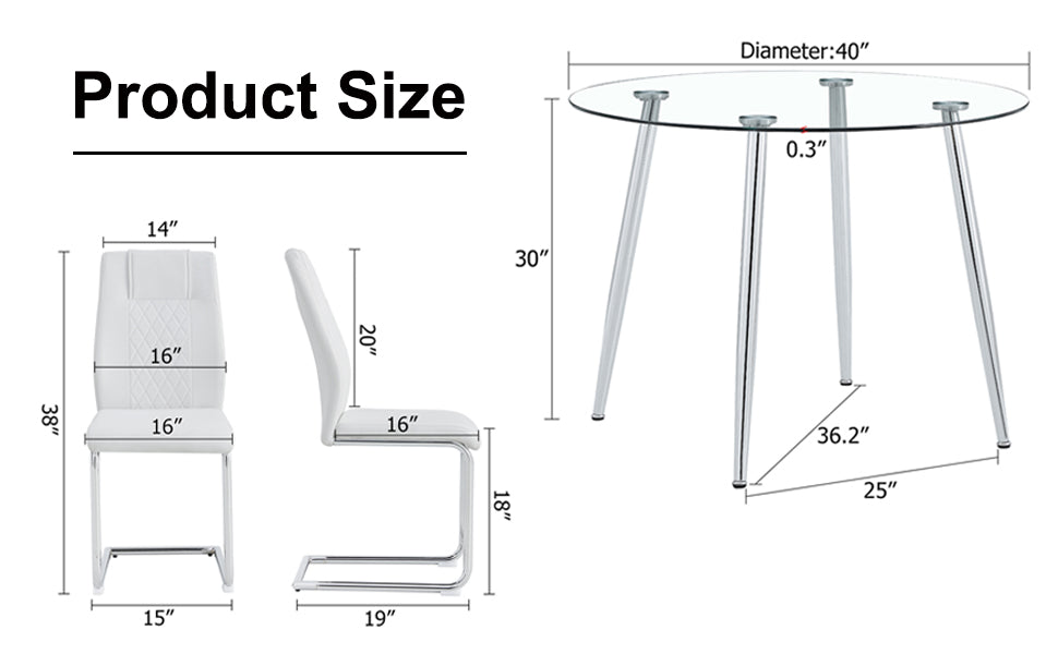 Table And Chair Set. 1 Table 4 Chairs Set A Circular Dining Table With A 40 Inch Diameter Glass Tabletop And Electroplated Metal Legs. 4 White Pu Chairs Dt 1164 001 Transparent Seats 4 Glass