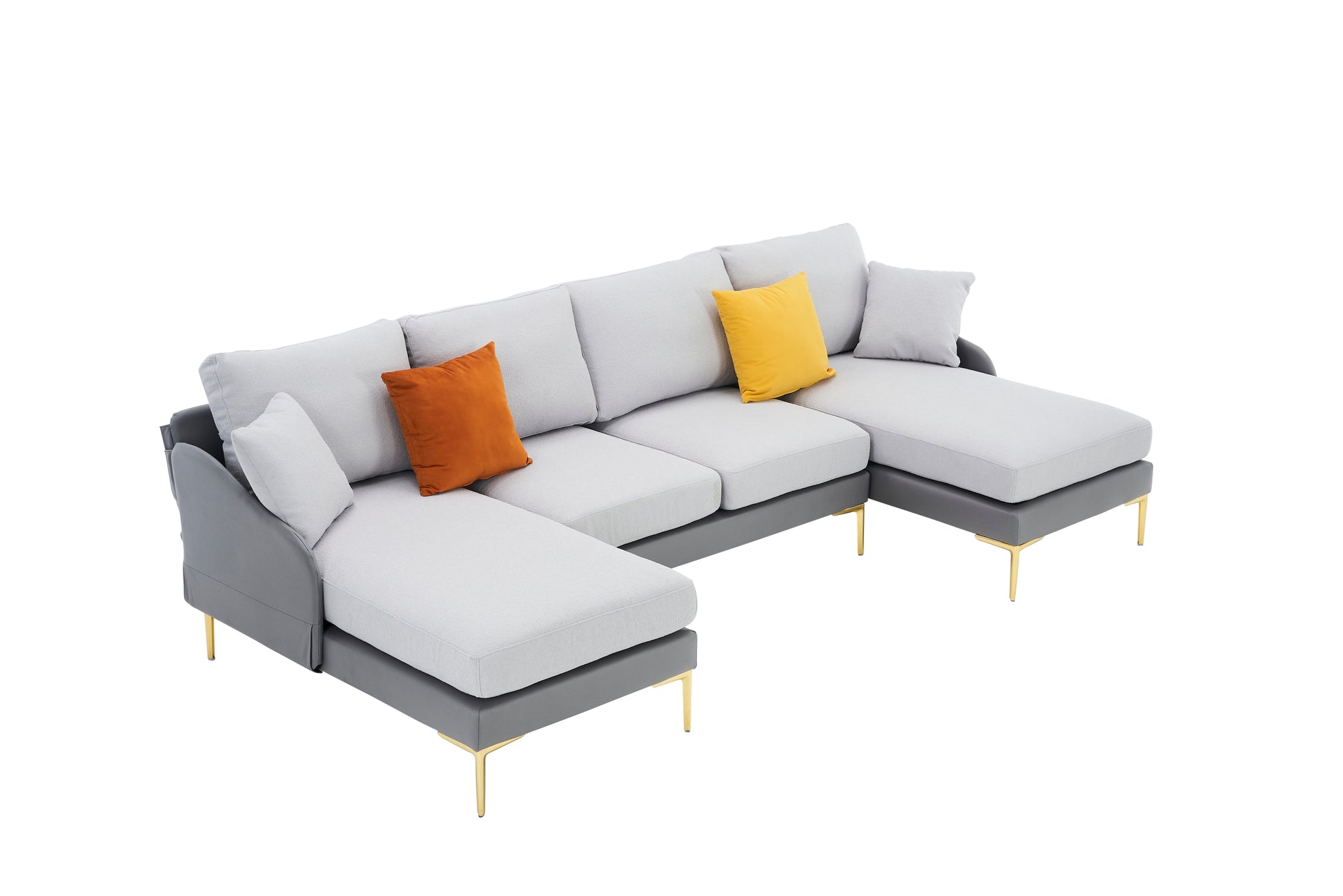 Modern Large Area Linen Leathaire Fabric Color Matching Segmented Sofa, Ultra Wide Lounge Chair, Golden Legs, U Shaped, Double Grey Color Grey Primary Living Space Wood