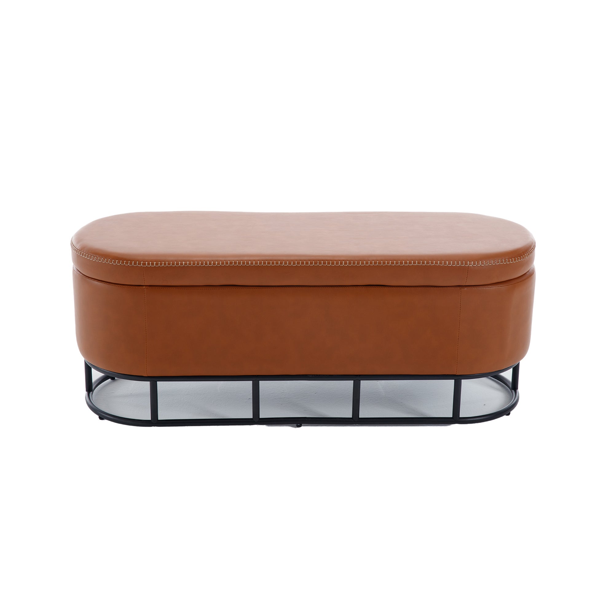 Oval Storage Bench For Living Room Bedroom End Of Bed,Upholstered Storage Ottoman Entryway Bench With Metal Legs,Brown Brown Primary Living Space Modern Metal Internal Storage Foam Pu Leather