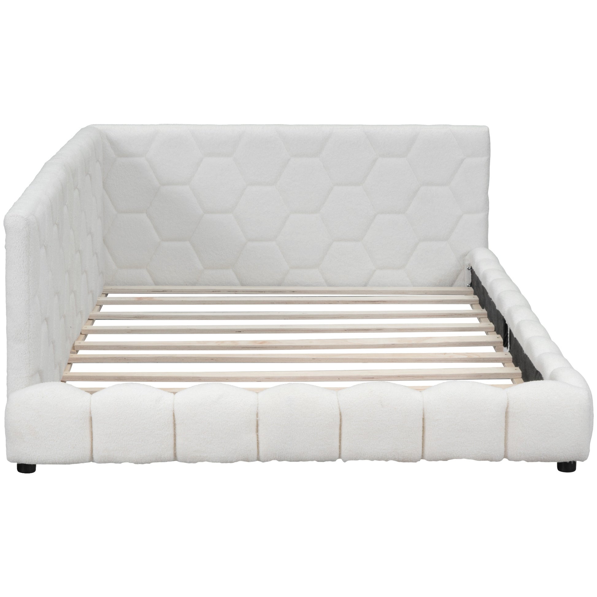 Upholstered Full Size Platform Bed With Usb Ports And Led Belt, White White Teddy