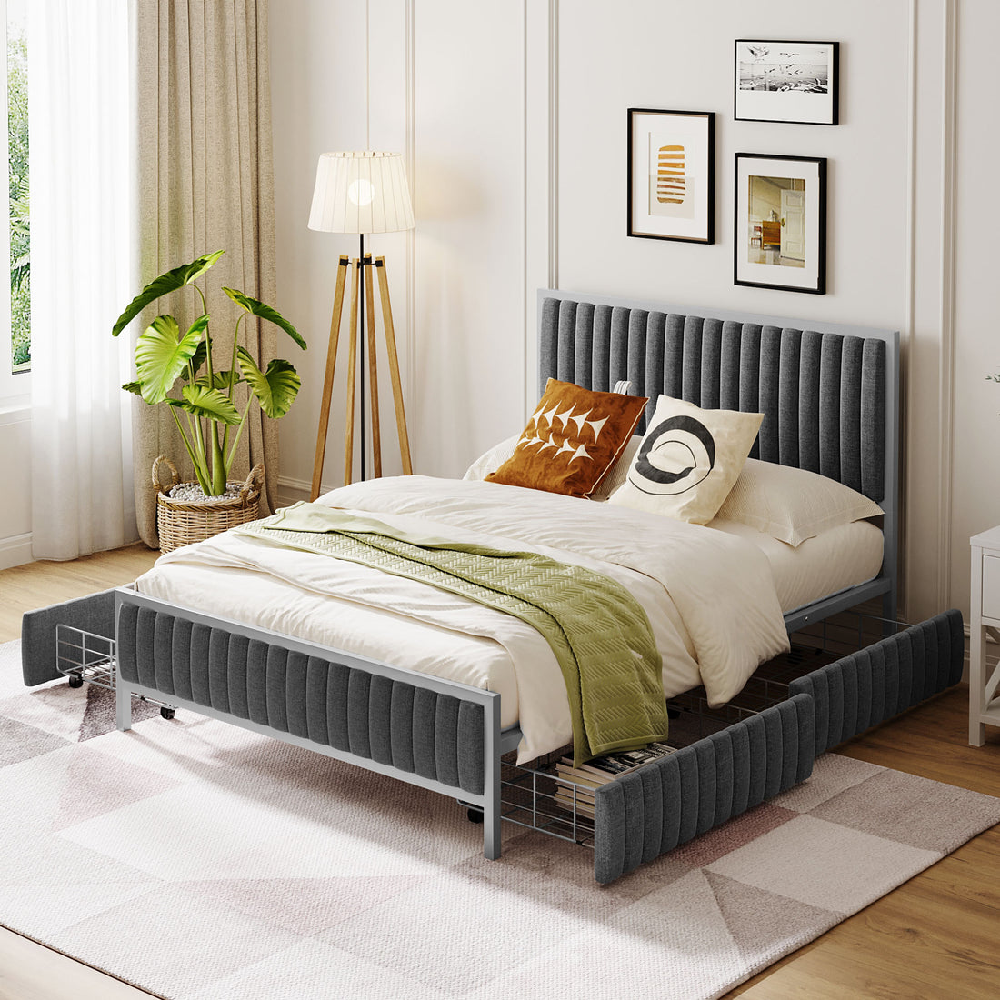 Full Size Metal Frame Upholstered Bed With 4 Drawers, Linen Fabric, Gray Gray Linen