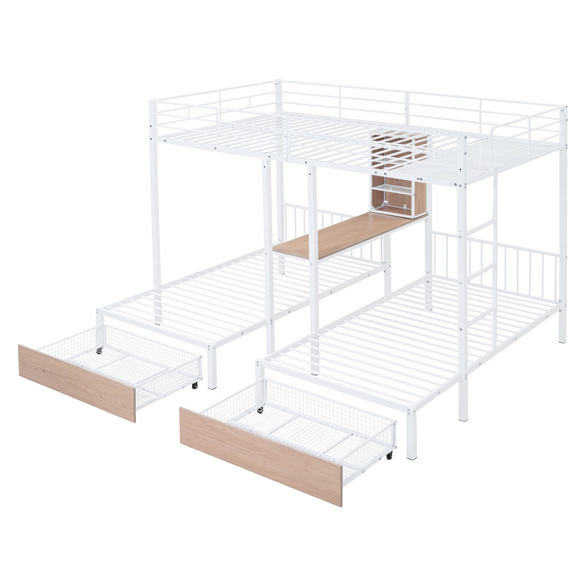 Full Over Twin & Twin Triple Bunk Bed With Drawers, Multi Functional Metal Frame Bed With Desks And Shelves In The Middle, White White Metal