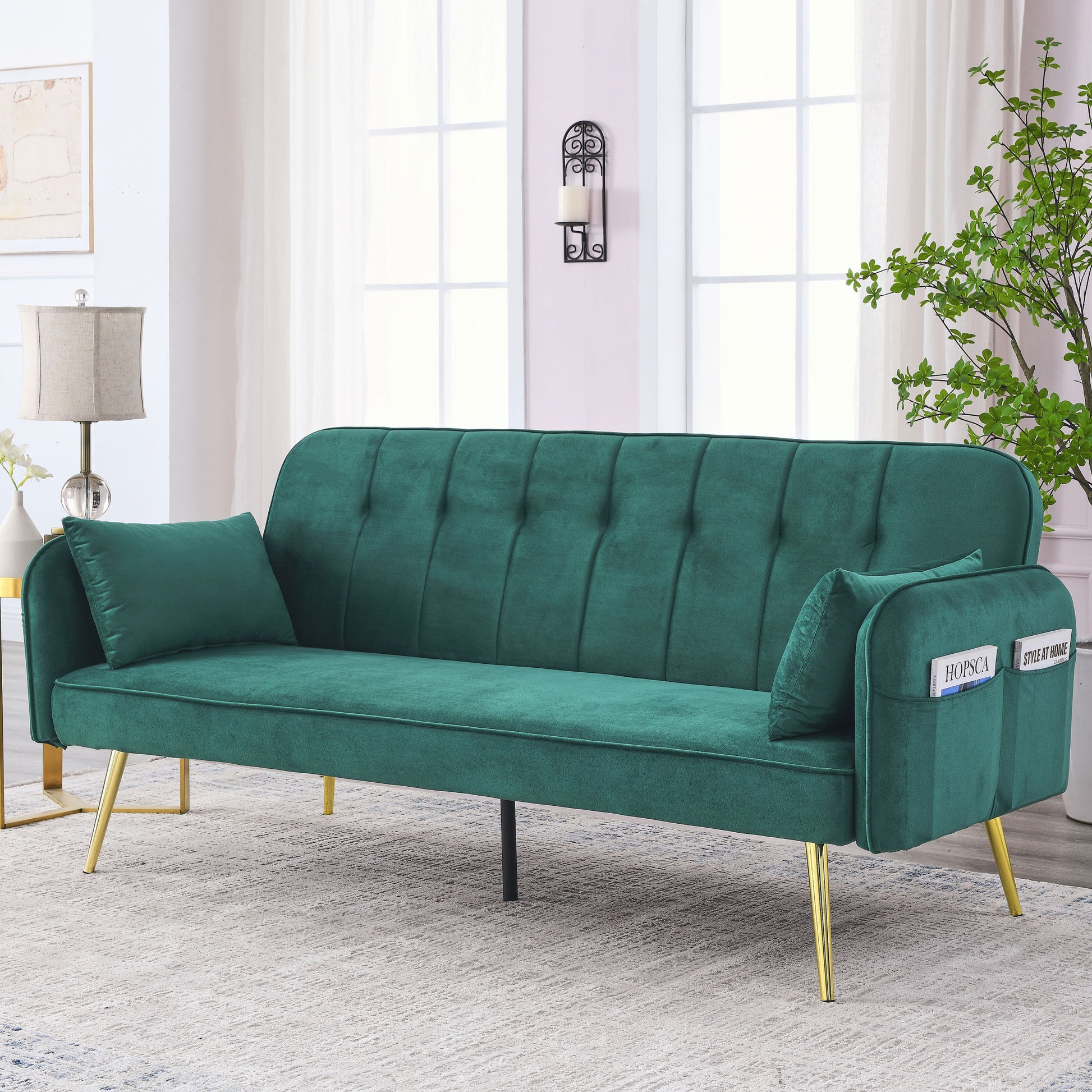 72.5" Convertible Sofa Bed, Adjustable Velvet Sofa Bed Velvet Folding Lounge Recliner Reversible Daybed Ideal For Bedroom With Two Pillows And Center Leg Green Velvet