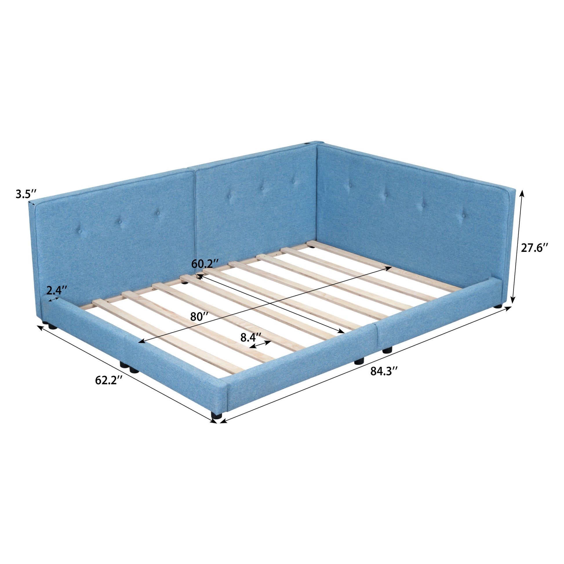 Upholstered Queen Size Platform Bed With Usb Ports, Blue Box Spring Not Required Blue Linen