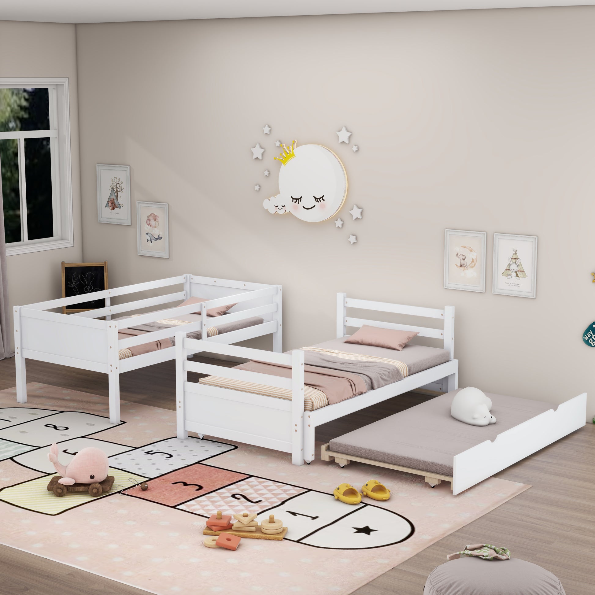 Twin Over Pull Out Bunk Bed With Trundle, White Box Spring Required Twin White Wood Brown Bedroom American Design,Artsy Pine Bed Frame Pine