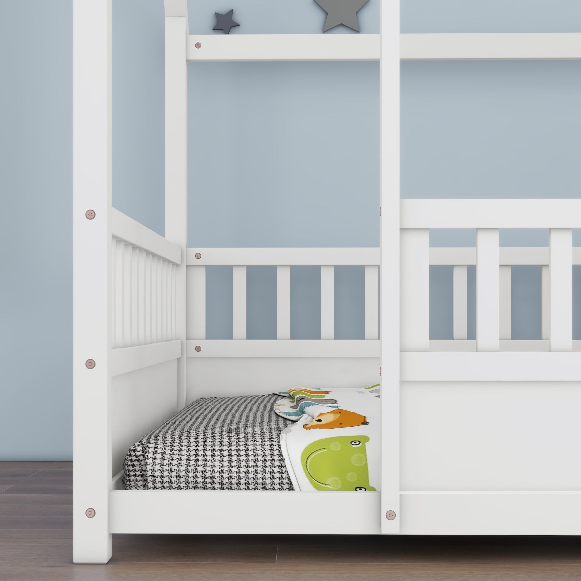 Full Size Floor Wooden Bed With House Roof Frame, Fence Guardrails,White Box Spring Required Full White Wood Brown Bedroom American Design,Artsy Pine Bed Frame Pine