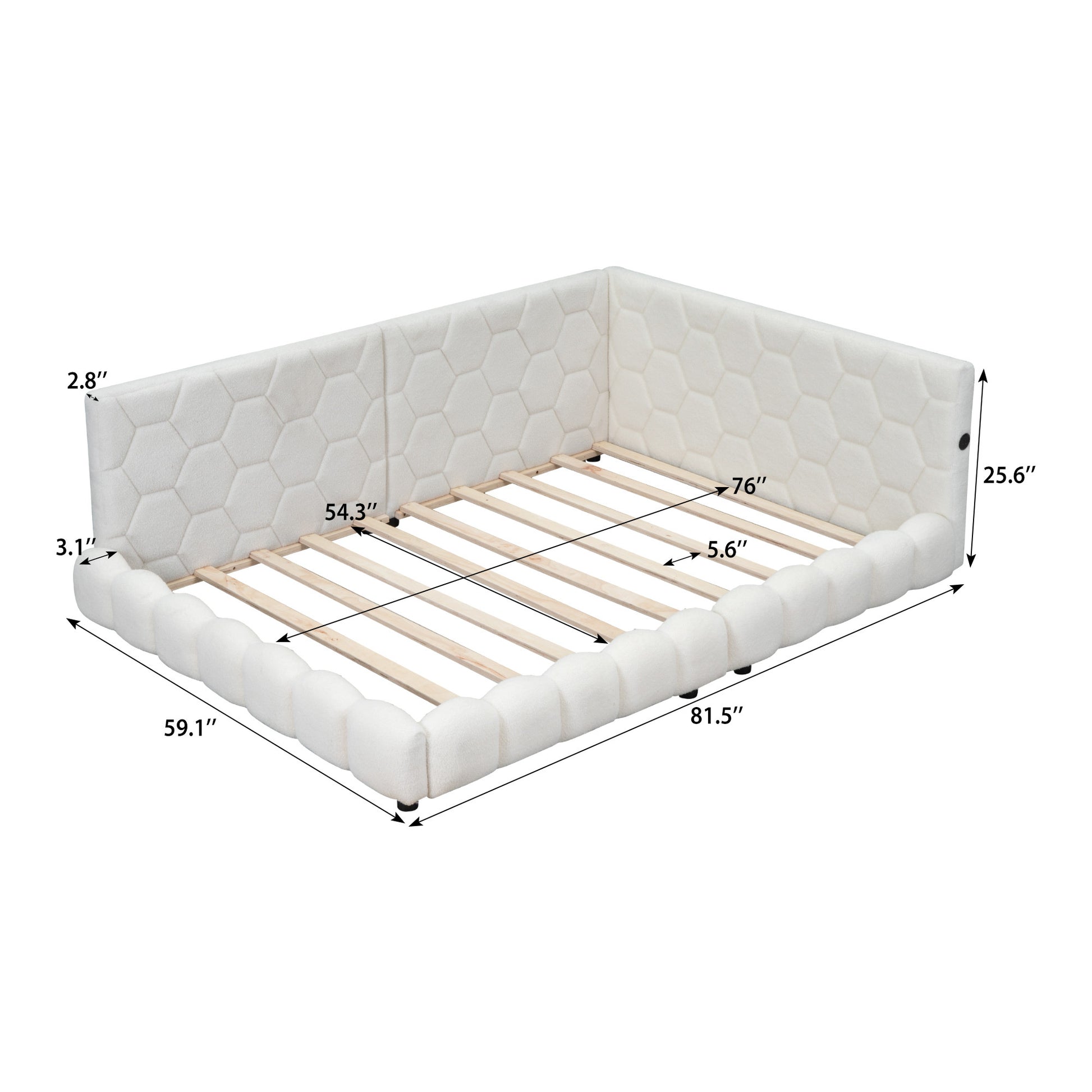 Upholstered Full Size Platform Bed With Usb Ports And Led Belt, White White Teddy