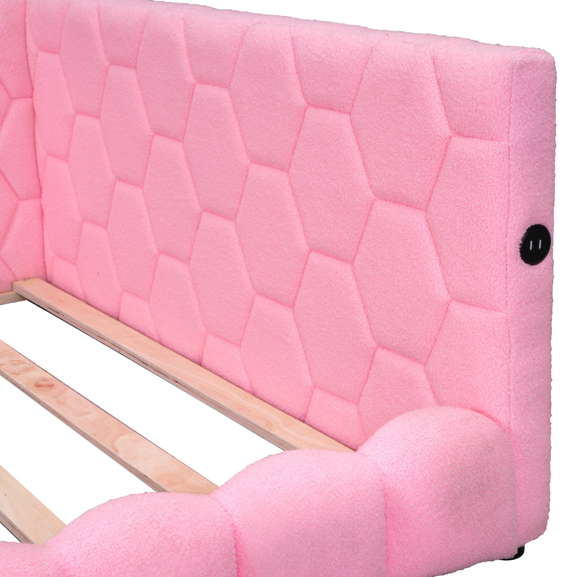 Upholstered Full Size Platform Bed With Usb Ports And Led Belt, Pink Pink Teddy