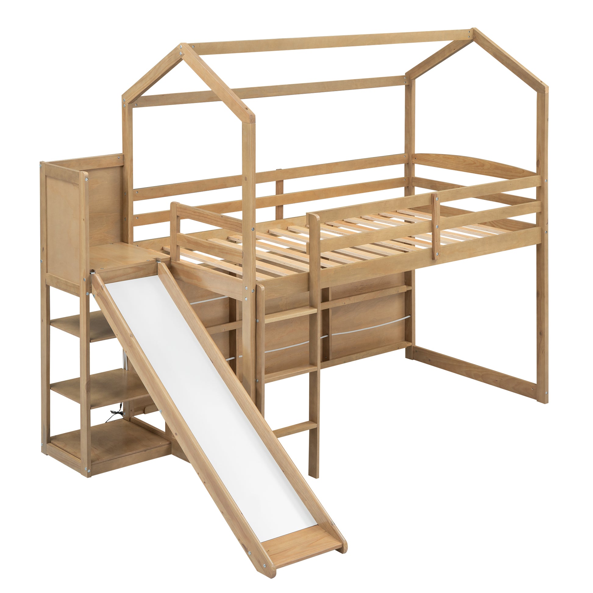 Twin Size Wood House Loft Bed With Slide, Storage Shelves And Light, Climbing Ramp, Wood Color Box Spring Not Required Wood Wood Bedroom Solid Wood Mdf