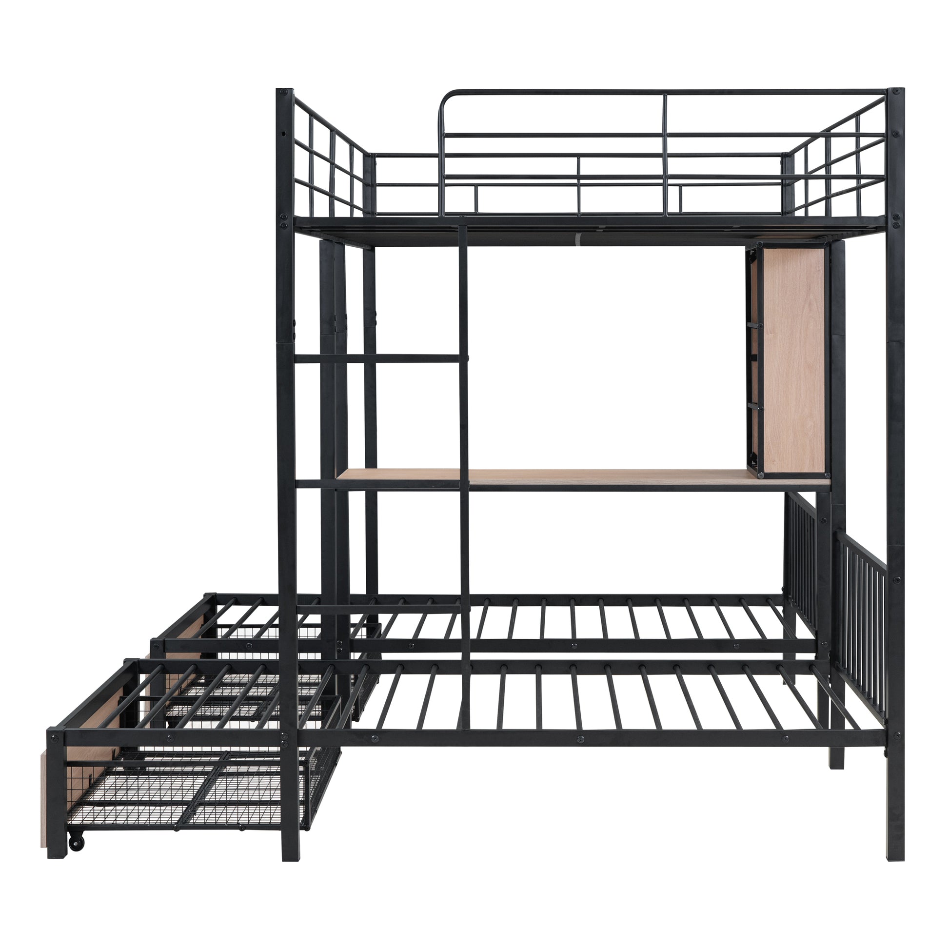 Full Over Twin & Twin Triple Bunk Bed With Drawers, Multi Functional Metal Frame Bed With Desks And Shelves In The Middle, Black Black Metal