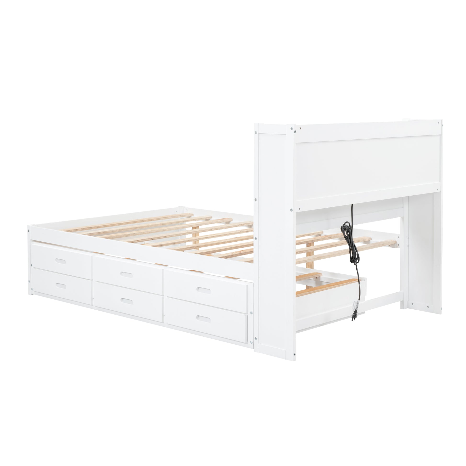 Full Size Platform Bed With Trundle, Drawers And Usb Plugs, White Full White Pine