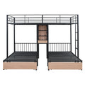 Full Over Twin & Twin Triple Bunk Bed With Drawers, Multi Functional Metal Frame Bed With Desks And Shelves In The Middle, Black Black Metal