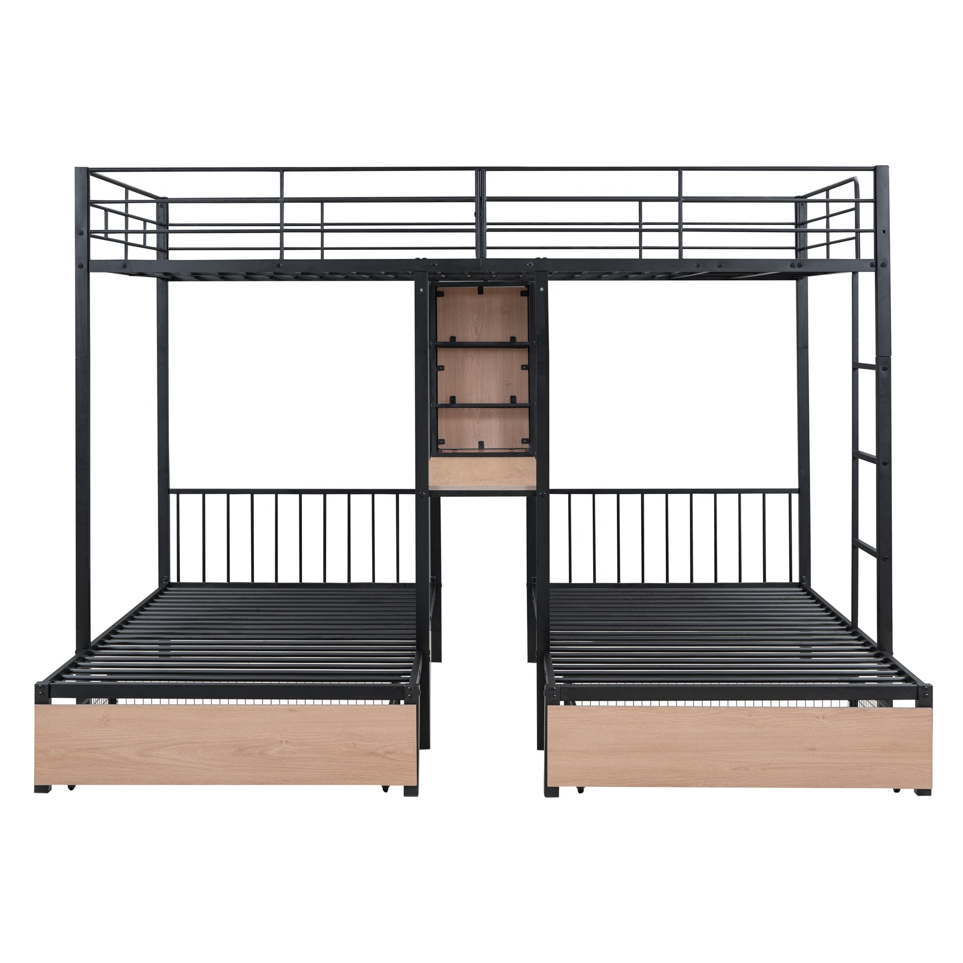 Full Over Twin & Twin Triple Bunk Bed With Drawers, Multi Functional Metal Frame Bed With Desks And Shelves In The Middle, Black Black Metal