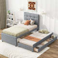 Twin Size Upholstered Platform Bed With Pull Out Twin Size Trundle And 3 Drawers, Gray Twin Gray Upholstered