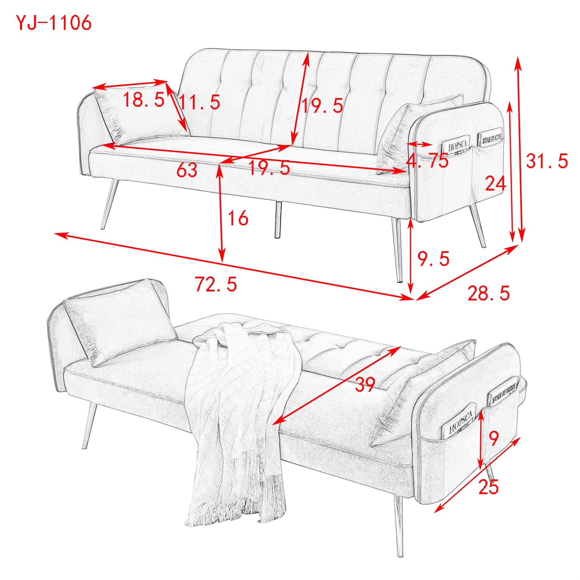 72.5" Convertible Sofa Bed, Adjustable Velvet Sofa Bed Velvet Folding Lounge Recliner Reversible Daybed Ideal For Bedroom With Two Pillows And Center Legs Grey Velvet