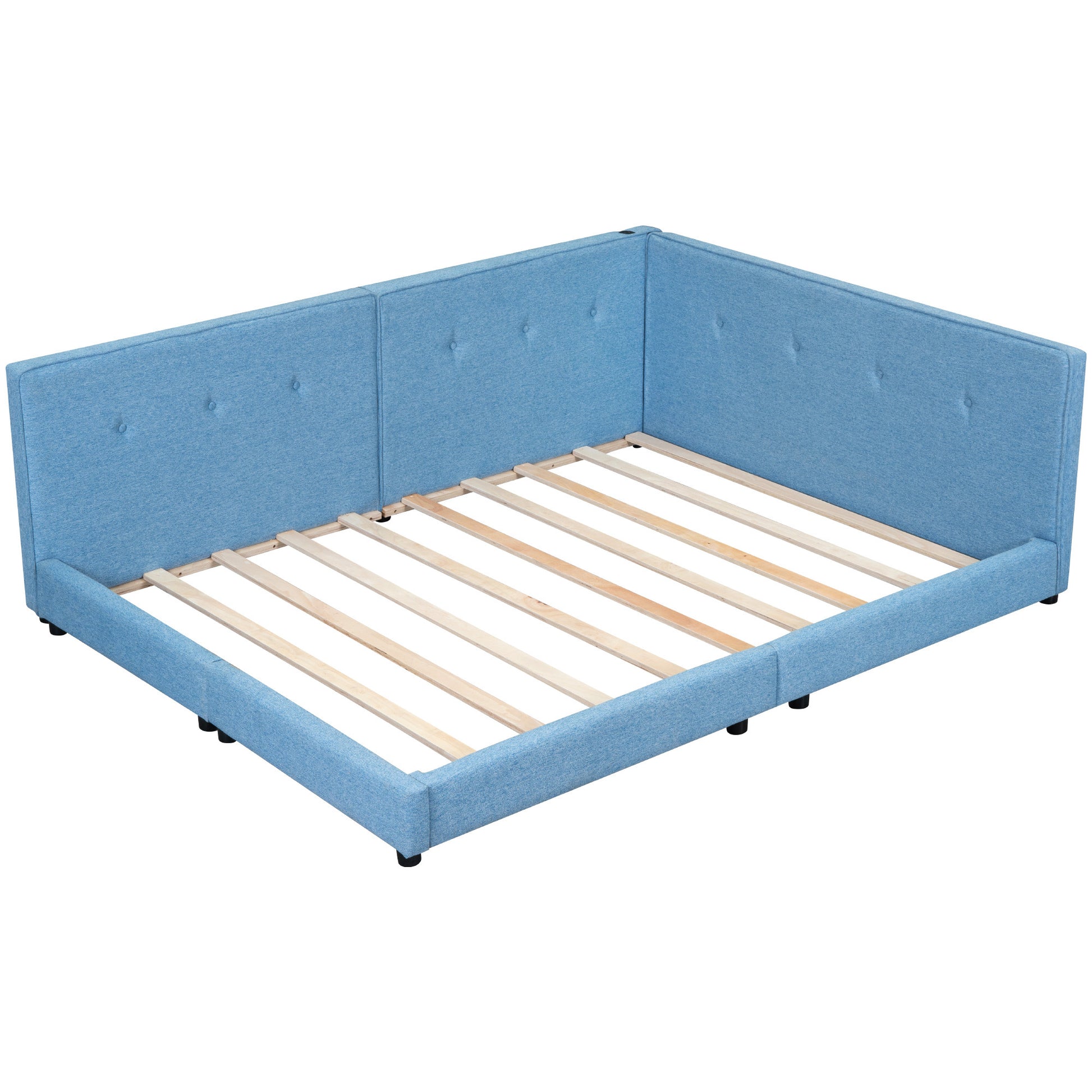 Upholstered Full Size Platform Bed With Usb Ports, Blue Blue Linen
