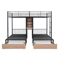 Full Over Twin & Twin Triple Bunk Bed With Drawers, Multi Functional Metal Frame Bed With Desks And Shelves In The Middle, Black Black Metal