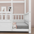 Twin Size Floor Wooden Bed With House Roof Frame, Fence Guardrails,White Box Spring Required Twin White Wood Brown Bedroom American Design,Artsy Pine Bed Frame Pine