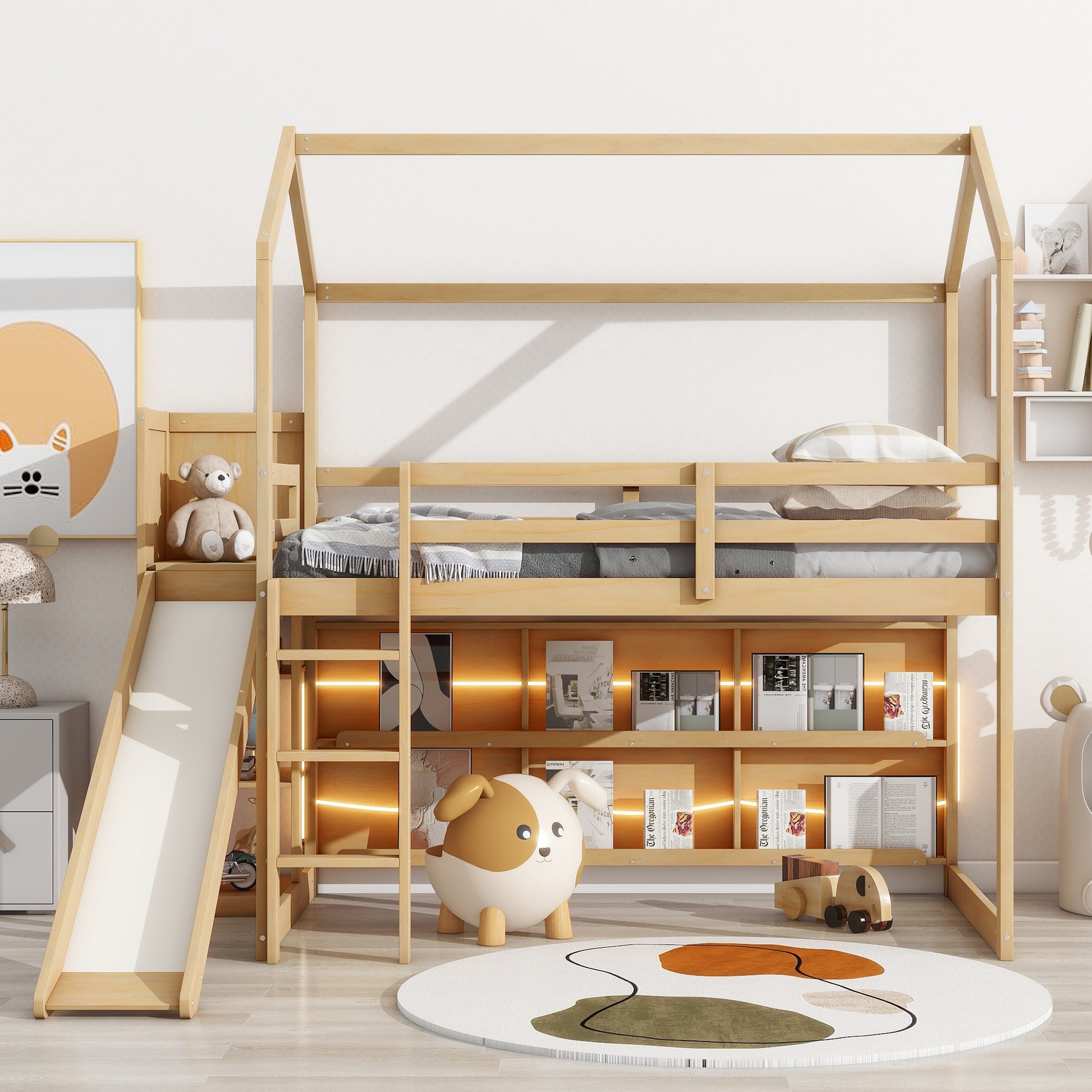 Twin Size Wood House Loft Bed With Slide, Storage Shelves And Light, White Natural Solid Wood Mdf