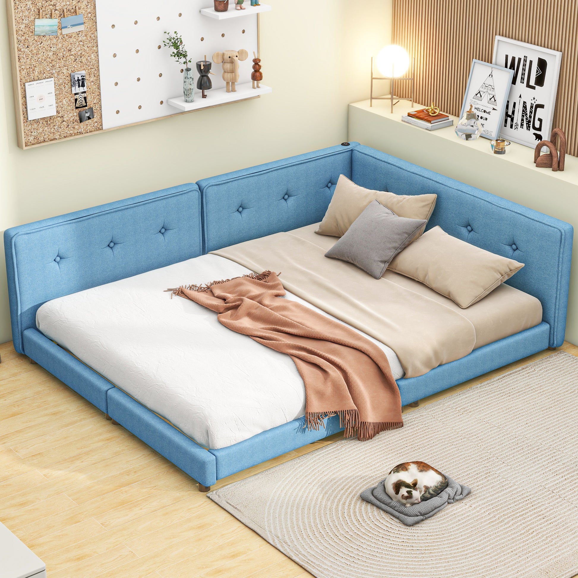 Upholstered Full Size Platform Bed With Usb Ports, Blue Blue Linen