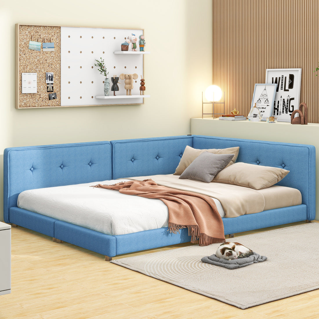 Upholstered Full Size Platform Bed With Usb Ports, Blue Blue Linen