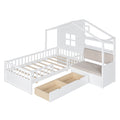 Twin Size House Bed With Sofa, Kids Platform Bed With Two Drawers And Storage Shelf, White White Wood